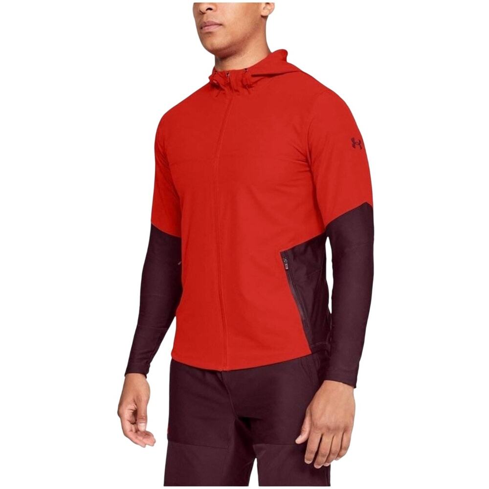 Under Armour Mens Running Jacket Orange Maroon Threadborne Hood Medium Full Zip